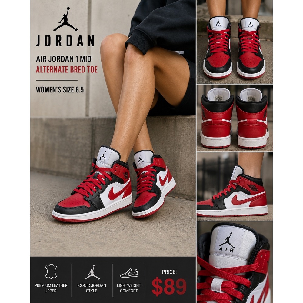 Nike Air Jordan 1 Mid Alternate Bred Toe Women's 6.5 BQ6472-079 Red Black White